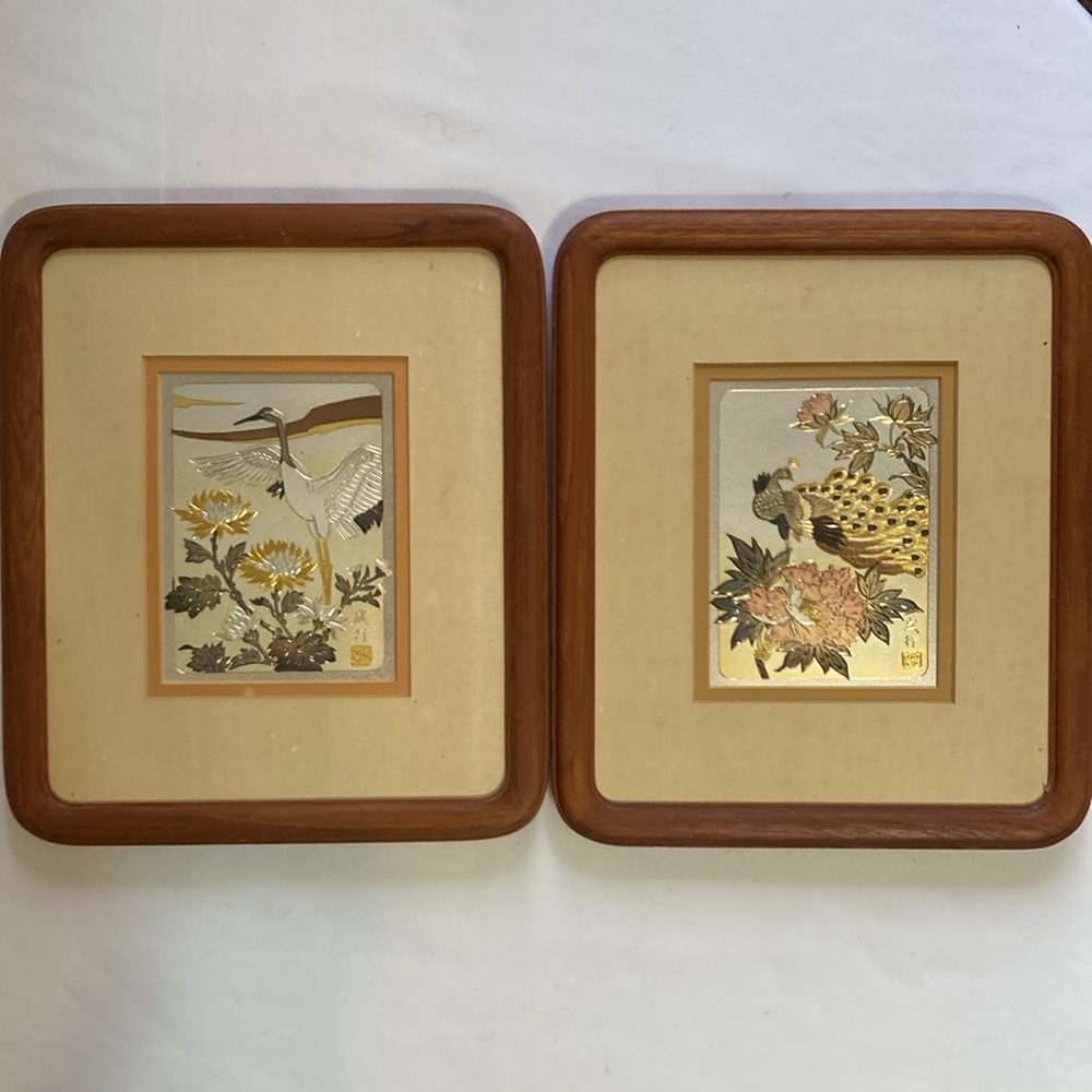 Moriyuki Katsuna Engraved Art, 24k inlay Copper Peacock, Crane Pheasant …